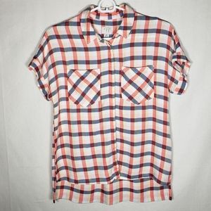 Soft short-sleeve plaid button down pink yellow XS